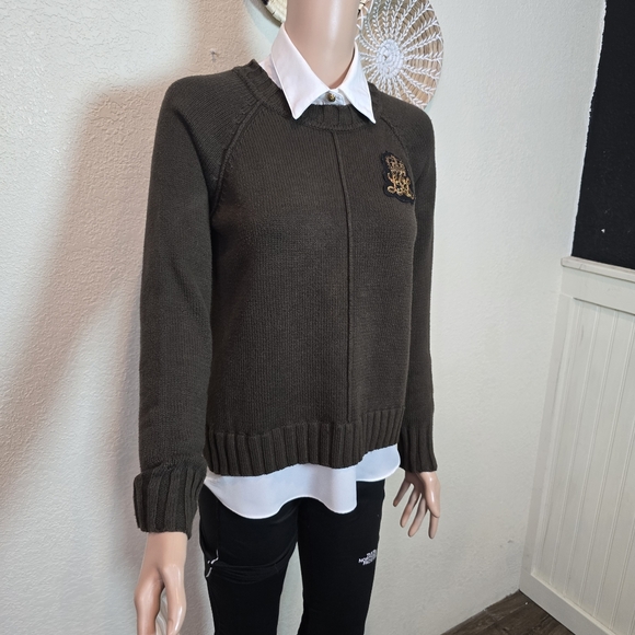 LAUREN RALPH LAUREN Womens Sweater Layered Bullion Patch Logo Brown Small - Picture 12 of 16